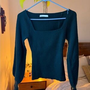 Oak + Fort Square Neck Bubble Sleeve Ribbed Emerald Green Sweater